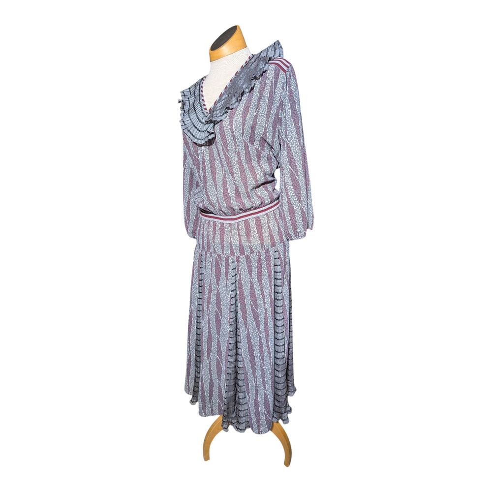 Vtg 1970s Diane Freis Blue Red Ruffled Collar Floral Boho Midi Crepe Dress Sz L